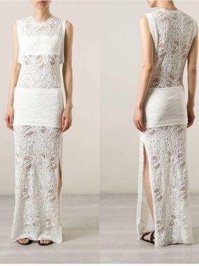 IRO White Crochet Lace Maxi Dress with Side Slit - great for beach, Coachella.
